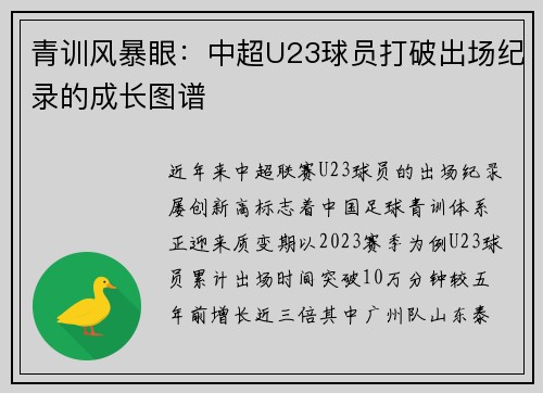 青训风暴眼：中超U23球员打破出场纪录的成长图谱