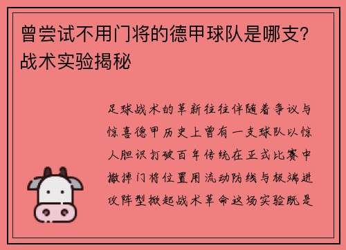 曾尝试不用门将的德甲球队是哪支？战术实验揭秘